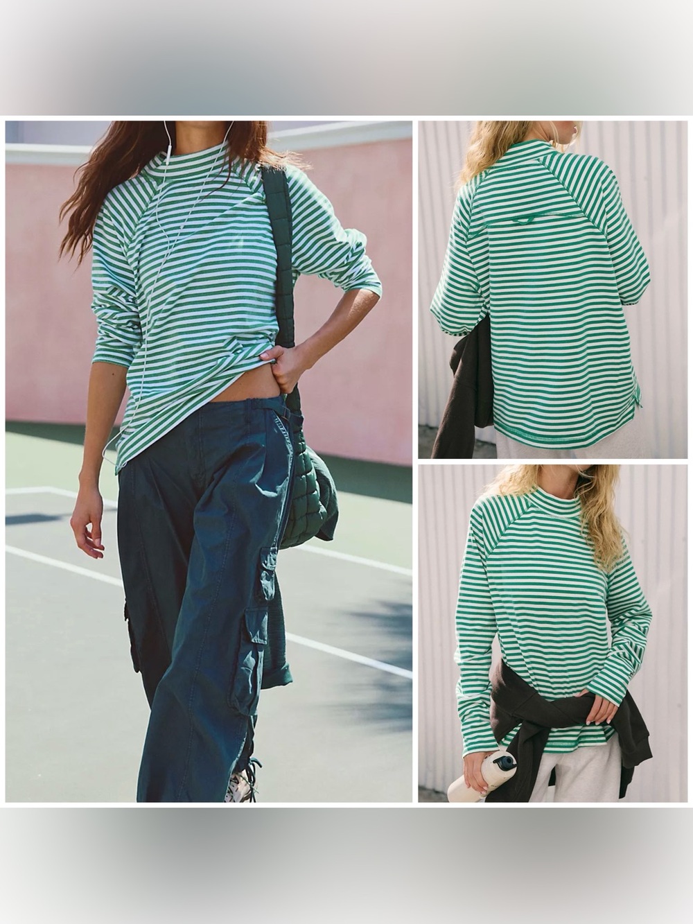 NWOT Free People FP Movement Restoration Yarn Dye Stripe Layer - Green Glow - L